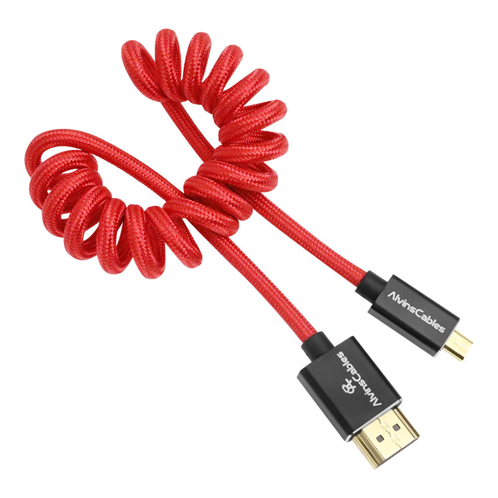 Alvin&#39;s Cables 8K 2.1 Micro HDMI to HDMI Coiled Cable for Atomos Ninja V, 8K@60Hz 4K@60Hz High-Speed HDMI Cable for Sony A7RIII A7II A7M3, for Canon R5 M6, for FUJIFILM X-T4 X-T3, Braided Red