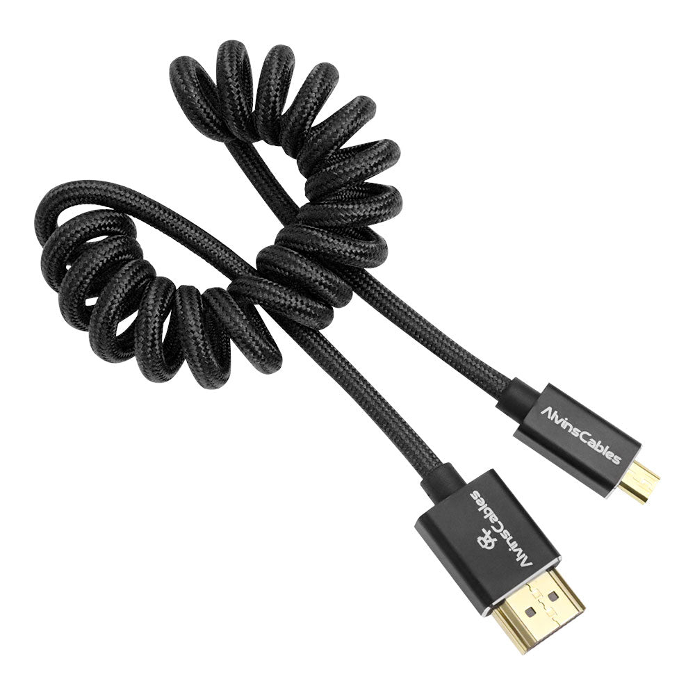 Alvin&#39;s Cables 8K 2.1 Micro HDMI to HDMI Coiled Cable for Atomos Ninja V, 8K@60Hz 4K@60Hz High-Speed HDMI Cable for Sony A7RIII A7II A7M3, for FUJIFILM X-T4 X-T3, Braided Black