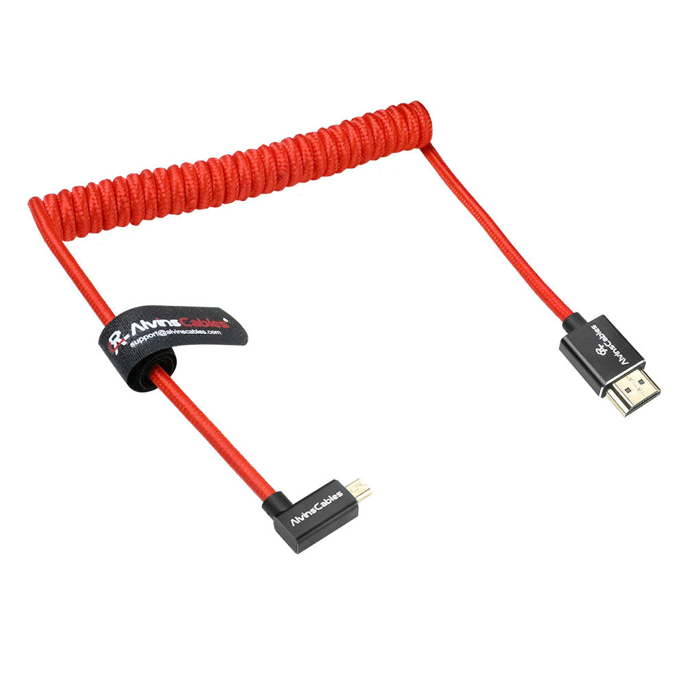 Alvin&#39;s Cables Left Angle Micro HDMI to HDMI Cable 8K@60Hz 4K@120Hz, Braided Coiled HDMI 2.1 for Sony A7RIII/A7II/A7M3, Canon R5/M6, Fujifilm X-T4/X-T3, GoPro, Nikon
