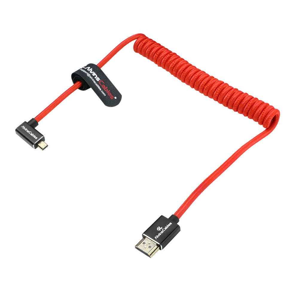 Alvin&#39;s Cables Left Angle Micro HDMI to HDMI Cable 8K@60Hz 4K@120Hz, Braided Coiled HDMI 2.1 for Sony A7RIII/A7II/A7M3, Canon R5/M6, Fujifilm X-T4/X-T3, GoPro, Nikon