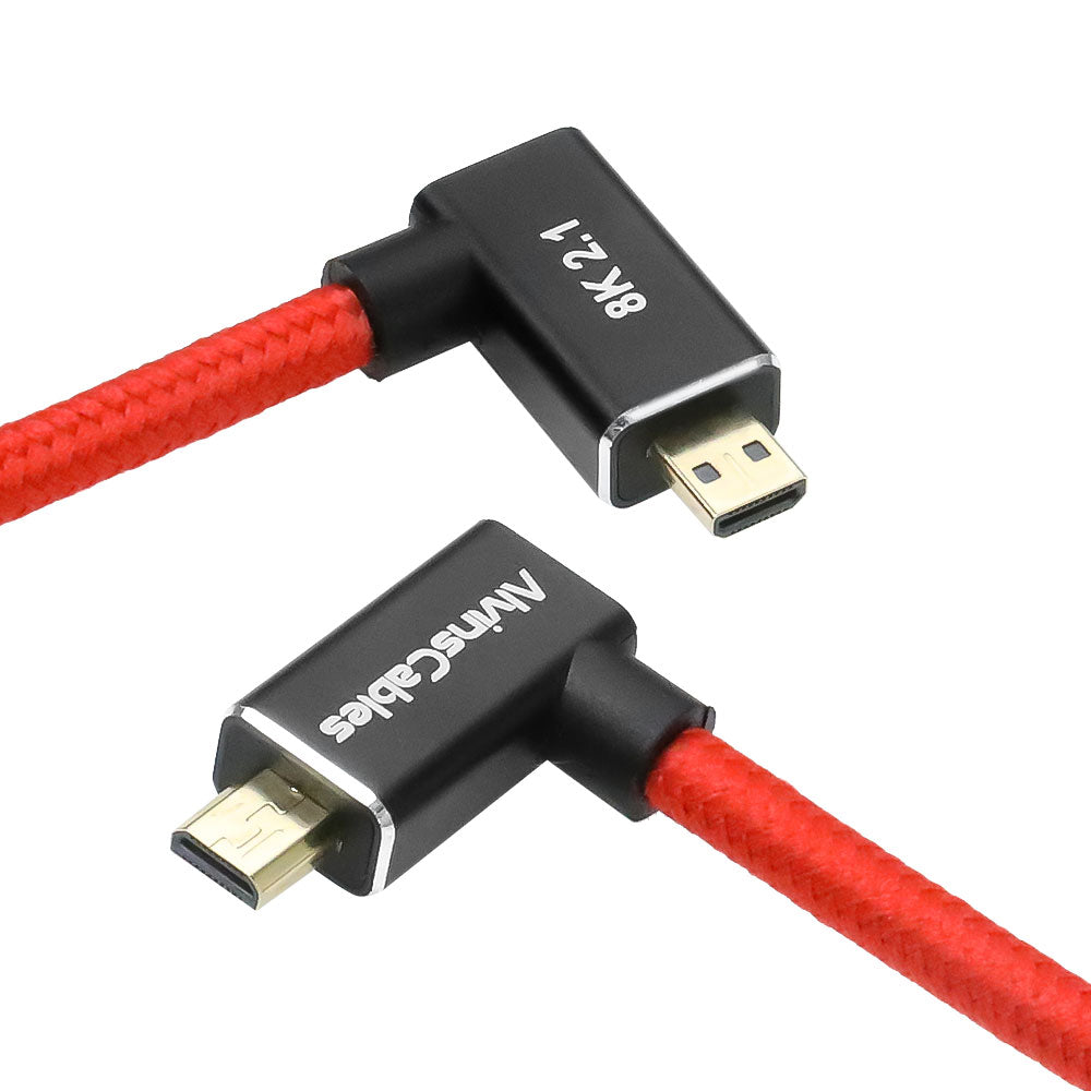 Alvin&#39;s Cables Left Angle Micro HDMI to HDMI Cable 8K@60Hz 4K@120Hz, Braided Coiled HDMI 2.1 for Sony A7RIII/A7II/A7M3, Canon R5/M6, Fujifilm X-T4/X-T3, GoPro, Nikon