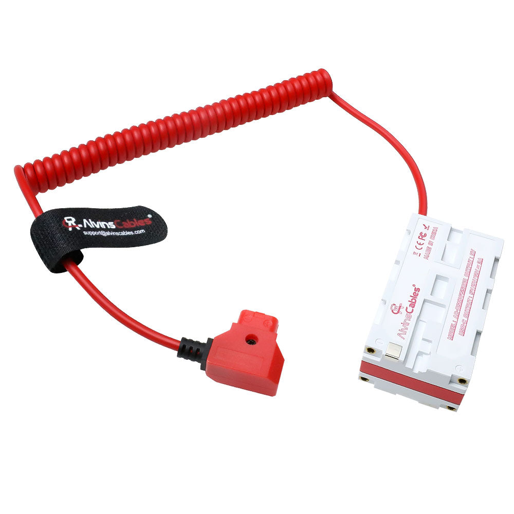 Alvin&#39;s Cables Dual-Sided NP-F Dummy Battery to Red Dtap Braided Ultra Flexible Coiled Power Cable for Atomos Ninja V|Atomos Shogun|SmallHD 702, for Sony NP-F550|F570|F770|F970, Red