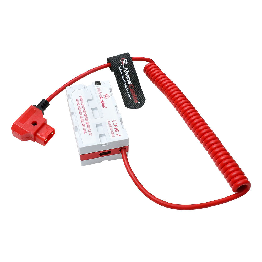 Alvin&#39;s Cables Dual-Sided NP-F Dummy Battery to Red Dtap Braided Ultra Flexible Coiled Power Cable for Atomos Ninja V|Atomos Shogun|SmallHD 702, for Sony NP-F550|F570|F770|F970, Red
