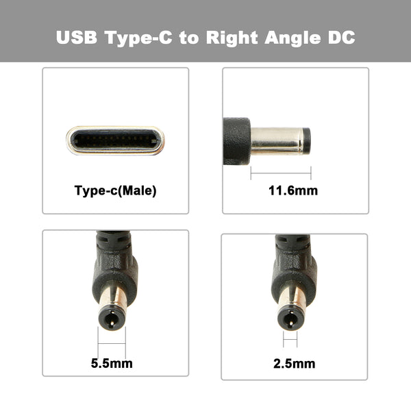 12V USB Type C Power Cable with 5.5 x 2.5mm Male Output