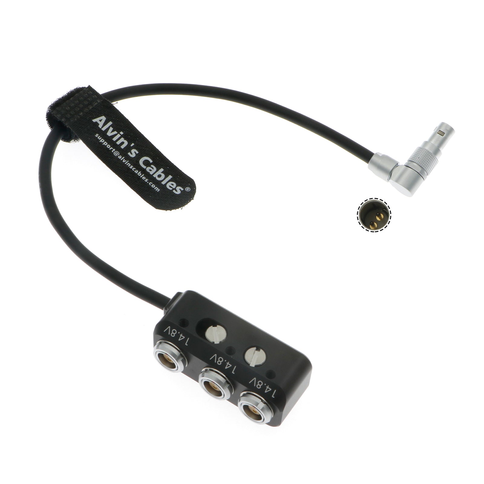 Alvin's Cables 1 bis 3 Power Splitter Box drehbarer rechtwinkliger 2-poliger Stecker auf 3 × 2-polige Buchse Splitterkabel für ARRI RED Kameras Teradek mit verstellbarer Schraube