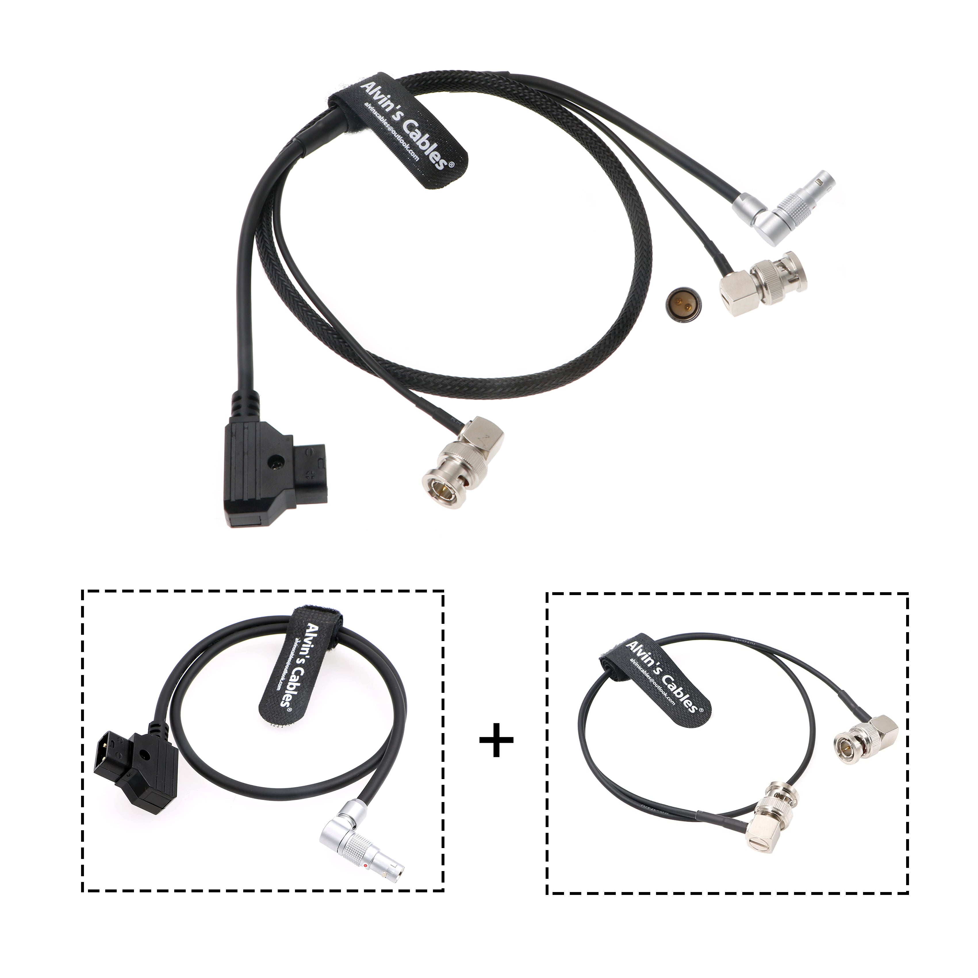 Combination Power-Cable for Zacuto-Gratical-Eye-Viewfinder|Teradek Rotatable Right-Angle 2-Pin-Male to D-Tap + Right Angle BNC to BNC Flexible HD SDI Cable for BMCC-Video-Camera Braided